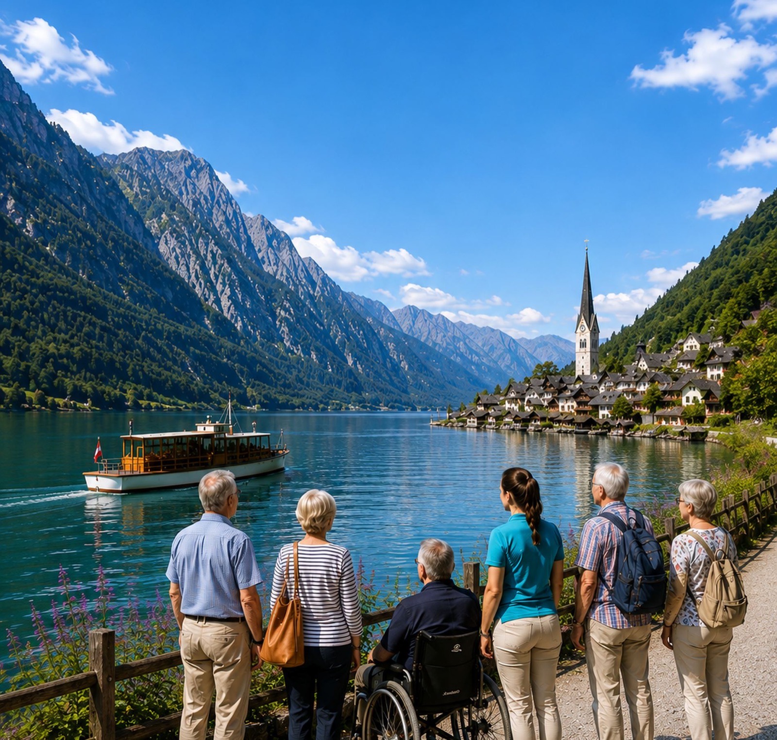 Reisegruppe mit Begleiterin und Gast im Rollstuhl am Hallstätter See